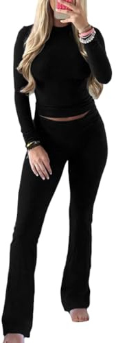 shownicer Set Lounge da Donna vestibilità Aderente Pantaloni Lunghi Jogging Due Pezzi Tuta da Yoga Elegante Pigiama Abbigliamento Casa Sportivo Invernale Autunnale A Nero XS