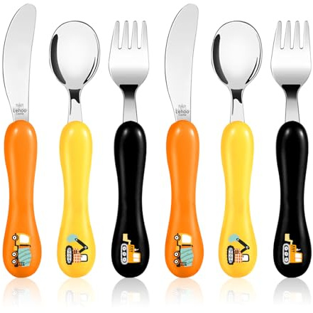 Lehoo Castle Couverts Enfant INOX 6 PCS, Ensemble de Couverts pour Bebe 2 x Fourchettes, 2 x Cuillères, 2 x Couteaux, Set Couvert Bebe pour Garçons Filles (Véhicule)