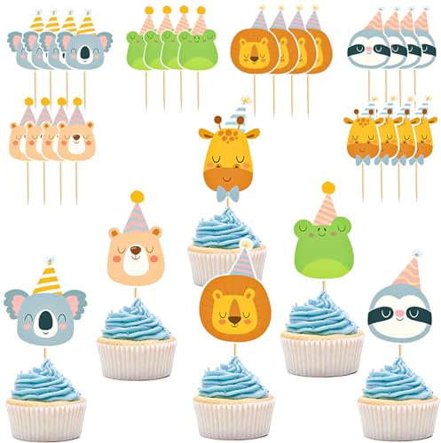 Silars Tier Cupcake Topper, 24 Stücke Tortendeko Tier Deko Geburtstag, Tier Tortenaufleger für Cupcake DIY Deko für Wald, Tiermotiv, Babyparty, Geburtstag, Party