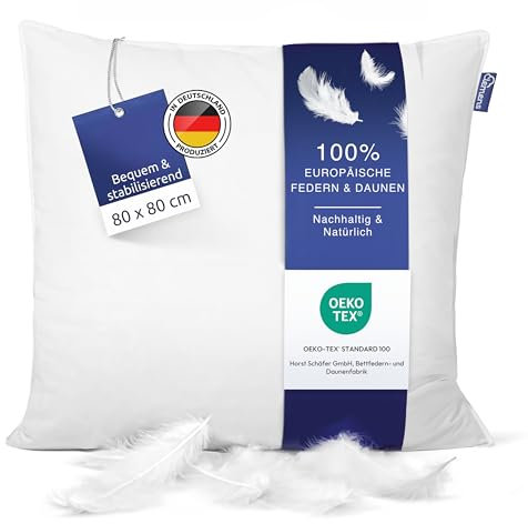 Clemens Daunenkissen 80x80 cm (1800g) Waschbar - Hochwertige Europäische Federn 85% & Daunen 15% Made in Germany, Beliebtes Kopfkissen bei Rücken- & Seitenschläfern - Daunenfederkissen Stabilisierend
