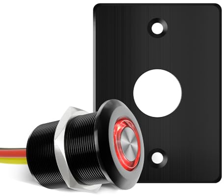 Acegoo Interruptor de Atenuación de 12V, Atenuador de Botón Pulsador con Luz de Anillo Rojo, para Autocaravana, Furgoneta, Barco, Camión, Iluminación LED, DC12-24V 6A, Aluminio (Negro)