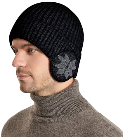 YAMEE Stickade mössor för män med öronlappar varm elastisk, beanie herr plysch förtjockad köldskydd, vintermössa dam stickad mössa vindtät, mössa för män kvinnor utomhus sport löpning golf, svart, one