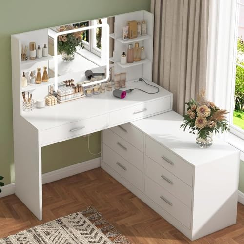 TEENFON Große Schminktisch mit LED-Beleuchtung und Spiegel, Schminktisch mit Schubladen und offene Ablage, Frisiertisch mit Steckdosen, Schlafzimmer, Weiß, 8 Schubläden+Eck-Schminktisch + L-förmig