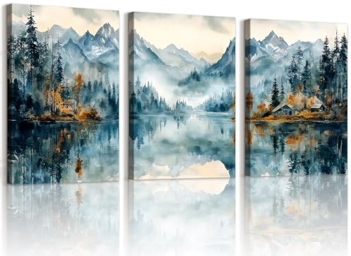 WENGTIAO 3 Pezzi Stampa su Tela Acquerello Montagna Lago Con Cornice Quadro su Tela Natura Foresta Albero Montagna Nebbiosa Quadri Moderni Soggiorno Casa Camera da Letto Decorazioni Parete 30x40cmx3