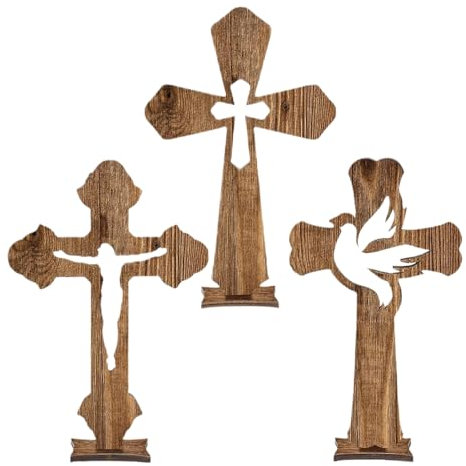 TOEECY 3 pcs Kreuz Ornament Hohl Holz Kreatives Kunsthandwerk Kruzifix Religiöse Kunstdekoration Rustikal und Elegant für Haus Kirche Wohnzimmer Schlafzimmer