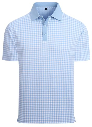 Alex Vando Mens Check Golf Shirt Contrast Rib Collar Short Sleeve Polo Shirts for Men,Blue/White,L