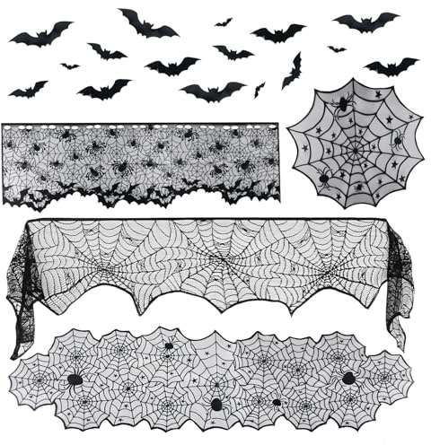 XIMEY Mantel Halloween Tela, Mantel de Telaraña de Halloween Negro Decoración, Mantel Mesa Rectangular (5 artículos)