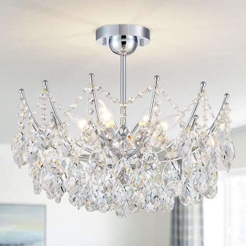 WUZUPS lámpara de cristal 6-luz colgante luz de techo luminaria moderna para dormitorio pasillo bar cocina baño, H 48.7 x W 50, base E14, blanco antiguo