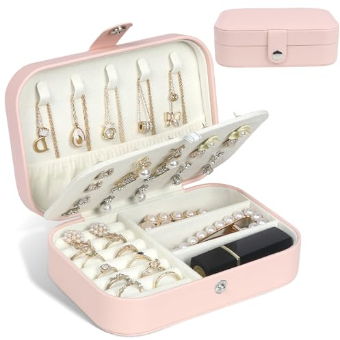 Maikuso Travel Jewellery Box, Portable 2 Layer Small Jewellery Organiser, PU Leather Jewellery Storage Case for Necklace Rings Bracelets Earrings, Gifts for Women Girls, Mothers Birthday (Pink)