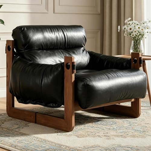 Mid Century Accent Chair with Arms, Comfy Armchair with Solid Wood Legs and Wide Seat, Upholstered Occasional Reading Chair for Living Room, Bedroom, Guest Room