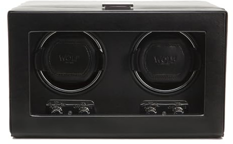 WOLF Heritage Double Winder with Glass Cover, Black - Secure Fit with Patented Dynamic Lock-In Cuff - For Bigger, Heavier Watches - Vegan Leather - Includes Universal Adapter
