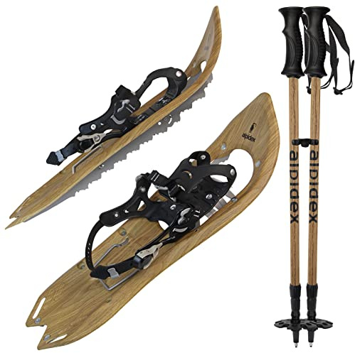 ALPIDEX Raquetas Nieve Estilo Madera Vintage Bolsa Transporte Bastones Carbono Opcional, Color:Brown Timber con Bastones
