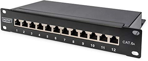 DIGITUS Cat-6A Patchpanel - 12 Ports - RJ45-Buchsen - 10-Zoll Rack-Mount 1HE - LSA Verteilerfeld - Geschirmt - Schwarz