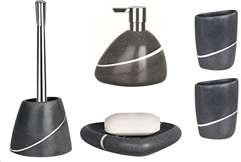 Spirella Badezimmer Set, 5-teiliges Badzubehör aus Keramik Etna Seifenspender, WC Bürste, Seifenschale, Aufbewahrungsdose und Zahnputzbecher Grau Stone