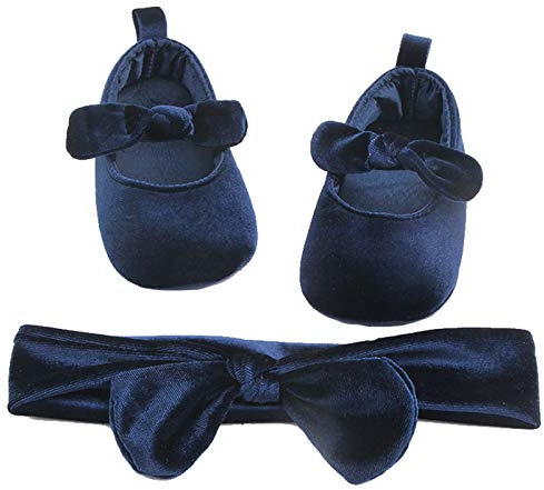 amropi 2 Pezzi Neonata Scarpe Primi Passi + Bowknot Fascia Scarpine Neonato Bambina Principessa Ballerine (Marina,9-12 Mesi)