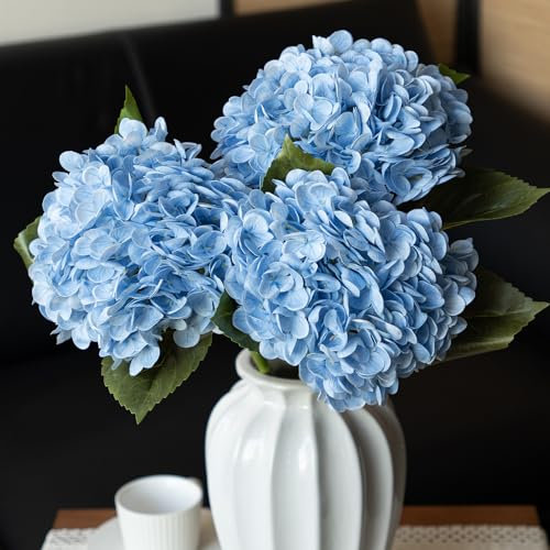 DUYONE 3 hortensias artificiales realistas de 21 pulgadas, flores artificiales de tacto real, flores secas al aire libre, boda, Navidad, oficina, fiesta familiar, sala de estar, decoración (azul)