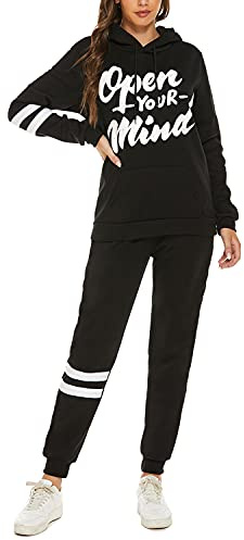 QUNERY Tuta Donna Sportiva Completa Autunno Inverno 8 Pezzi Felpa con Cappuccio Pantaloni Vita Alta Sportwear per Yoga Jogging Fitness A-Nero M