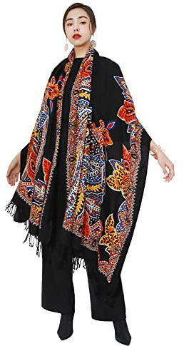 DANA XU 100% lana merino extra large coperta pashmina sciarpa da viaggio cashmere avvolgere per le donne autunno inverno oversize scialle floreale, 97 Rosso e nero, 96 * 43 INCHES