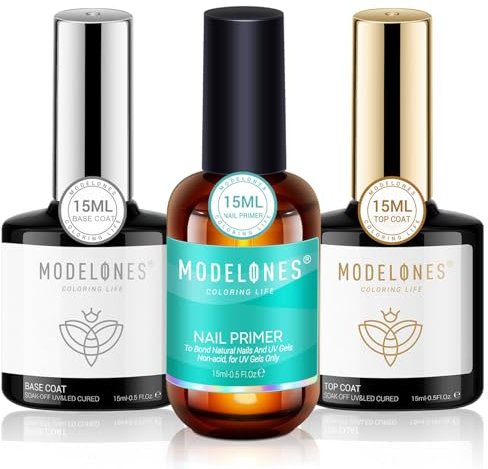 Modelones Nail Primer with Gel Top Coat and Base Coat, 3Pcs 15ml Acid Free Nail Bond Primer and No Wipe Base Top Coat Gel Nail Polish Set, New Upgraded Formula Long-Lasting Gel Nail kit