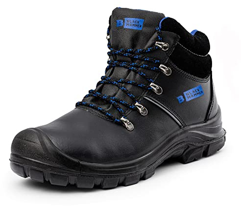 Black Hammer Mens säkerhetsstövlar arbetsskor läder ståltå som arbetar fotled lättviktiga skor S3 SRC 8822 (44 EU)