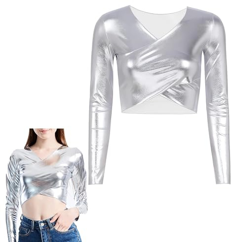 Hauts brillants à manches longues pour femmes, haut à manches longues extensible liquide métallique, col en V, chemisiers sexy en cuir verni coupe ajustée pour tenue de club, t-shirt de club de danse