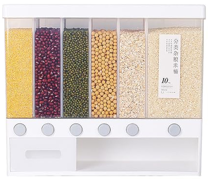 Natudeco Divided Rice and Cereal Dispenser 6 Grid Food Storage Containers Grain Storage Box Household Food Dispensers 10L Capacity Suitable for Rice Beans Wall Mounted Dry Food