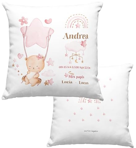 Cojín Personalizado para Recién Nacido, 40x40cm - Cojín Natalicio con Datos del Bebé - Regalo Personalizado (Rosa Pastel)