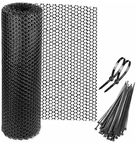 Chicken Wire Mesh Roll with 60pcs Cable Ties, Plastic Fencing Roll Reusable Safe Garden Mesh Fencing Black Poultry Plastic Netting Mesh for Yard Gardening Animal Pet Vegetable