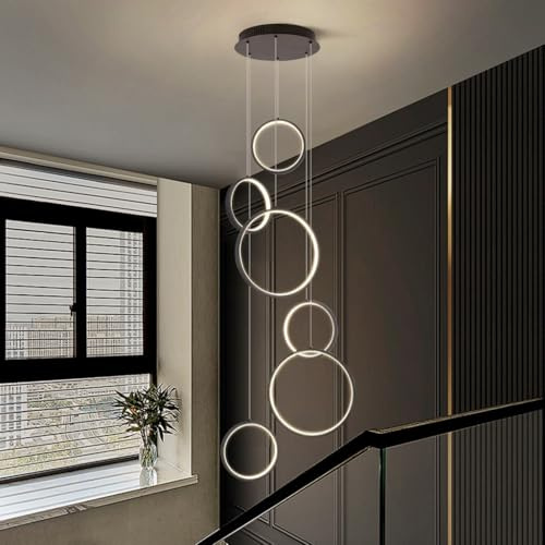 Modern LED Geometri Ringar Pendel Vardagsrumslampa Aluminiumtrappa Ljuskrona Xuanguan Sovrum Pendel Matsal Dimbar Tak Ljus Höjd Justerbar Kombination Hänglampa(6-Ring)