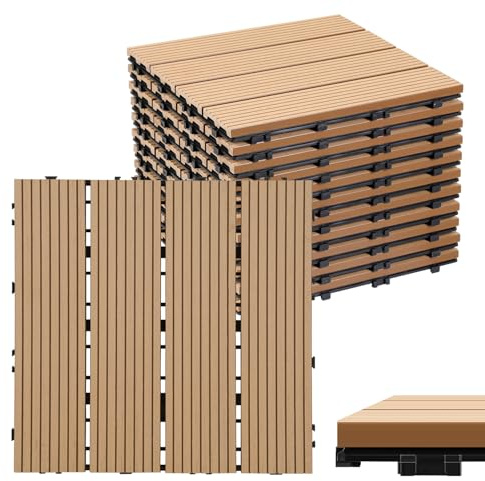 Eulenke WPC terrassplattor 66 stycken, 30 x 30 cm terrassbrädor för balkonggolv, klickplattor, balkongplattor i träutseende, golvbeläggning väderbeständig för terrass, för 6 m², teak