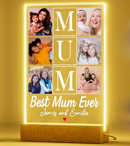 PB TECH Personalised Gifts for Mum from Daughter Son, Customised Acrylic Plaque LED Walnut Frame with Photos Night Light, Mothers Day Valentines Birthday Mum Gifts For Mother Mummy Granny (Mom 1)