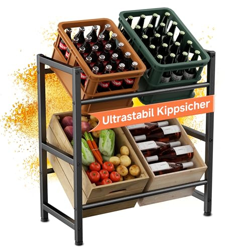 HFHOME Drinks Crate Rack for 4 Boxes, Double Tier Beer Crate Rack for Beer, Fruit, Vegetables, Water, Black Metal Drink Shelf, Bottle Box Stand for Kitchen, Basement, Garage