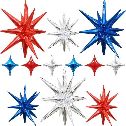 Red Blue Silver Star Balloons 12pcs, 27/22 Inch Foil Star Explosion Balloons, Large Spike Mylar Cone Balloon for 4th of July Independence Day USA 250 Anniversary Patriotic Nautical Birthday Party