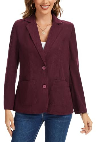 Kyzoeyou Blazer décontracté en velours côtelé à manches longues avec col cranté pour le bureau - Veste de costume à deux boutons avec poches, Wr-Wine Rouge, XL
