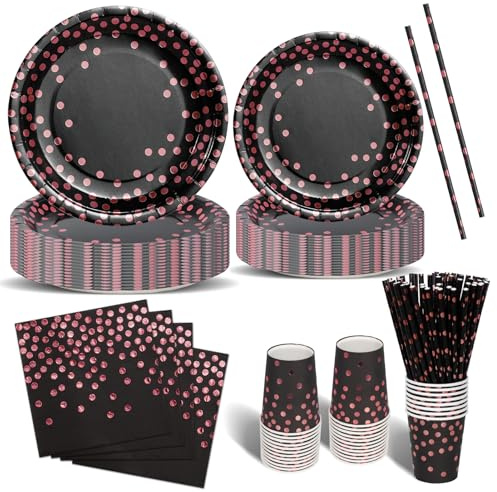 Nkaiso Stoviglie Per Feste 120 Pezzi Nero e Oro Rosa Festa della Addobbi Ragazza di Compleanno dei Dambini Festa Posate set Include Piatto Usa e Getta di Carta Party Tovaglioli Posate -24 Ospiti