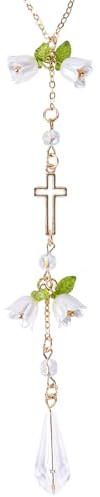 LuneClat Cross Crystal Car Rearview Mirror Charm - Lily of The Valley Flower Beaded Pendant, Elegant Hanging Cars Interior Decor Ornament & Accessories, for Women Mom