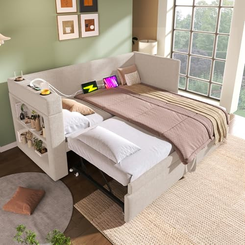 Daybed with Pull out Trundle Bed&USB Type C Charging Station&2 Shelves, 3ft Single Functional Upholstered Bed with Cup Holders, Linen Sofa Beds Guest Beds for Living Room&Bedroom, No Mattress, Beige