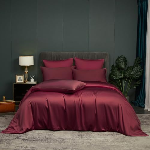 DXHOME Set di biancheria da letto in bambù 155x220cm Rosso Vino tinta unita in fibra di bambù biancheria da letto estiva traspirante, fresca copripiumino per letto matrimoniale con cerniera e 2 federe
