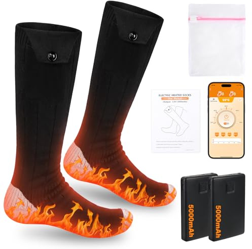 HIULLEN Calze Riscaldate a Batteria, 5000mAH Calzini Riscaldati Con controllo dell'app, USB Riscaldati Scaldapiedi Elettrico per Uomo Donna con 4 Temperature, Per Lavoro all'Aperto, Passeggiate,Pesca