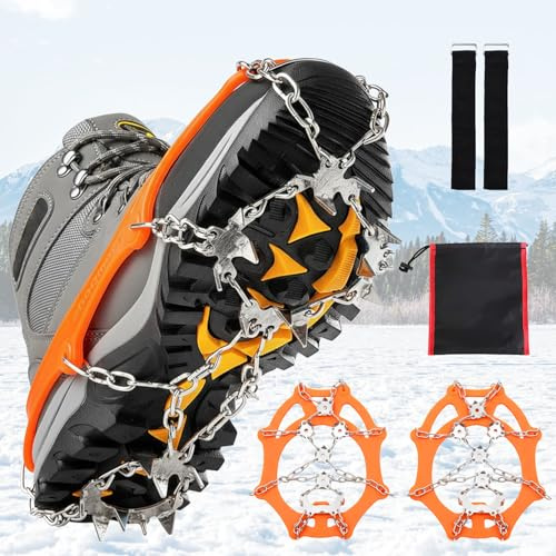 Crampons pour Bottes de randonnée, 24 Dents Antidérapant Crampons Neige et Glace, la randonnée, l'escalade, avec Chaîne en Acier Inoxydable, la pêche et l'alpinisme, Convient aux tailles 41-44, Orange