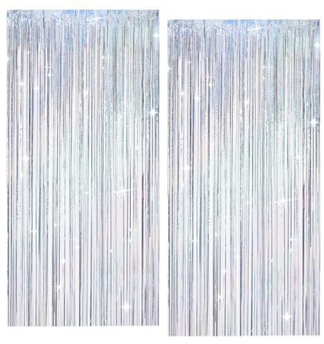 DONQTWAY 2 tende in argento con brillantini, 1 x 2,5 m, in metallo argentato, per compleanno, matrimonio, laurea e Capodanno, decorazione per feste di compleanno (argento)