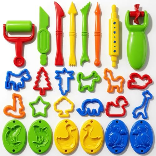 Clayo –26PCS Play Dough Tools Set for Kids, Playdough Cutters and Molds with Rolling Pin and Sculpting Tools, Animal Shape Cutters, Toddler Sensory Toy, Preschool Arts and Crafts Kit for Boys Girls