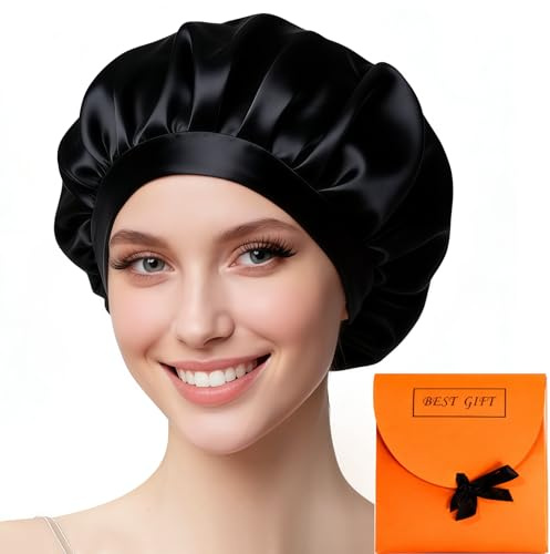 Bonnet en Soie pour Femme Respirant Réutilisable, Bonnet Soie Cheveux Nuit Reglable, Ajustable Élastique Antidérapant, Convient à la Plupart des Types de Cheveux(Noir)