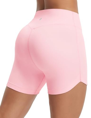 baleaf Short Taille Haute Yoga Femme Legging Mode, 12CM Bas de Jambes en Arc Épuré et Élastique Printemps Été Course Fitness Rosa S