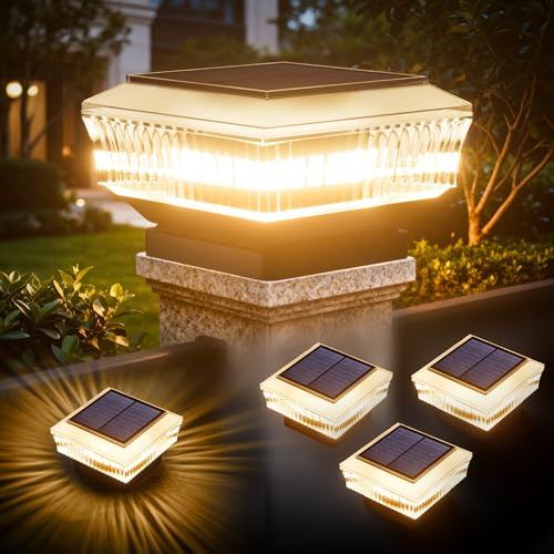 Quntis Solar Post Lights 4 Pack, IP65 Waterproof Fence Post Cap Light with 3 Color Modes, Solar Lamp Posts for Deck Patio Garden Backyard Porch Pathway