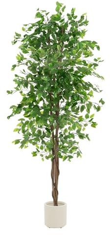 ML-Design Pianta Artificiale Ficus 210 cm, Falso Albero Decorativo Imitazione Realistica con Tronco in Legno Naturale, Vaso Incluso, per Interno o Esterno, Fogliame in Plastica Facile da Mantenere