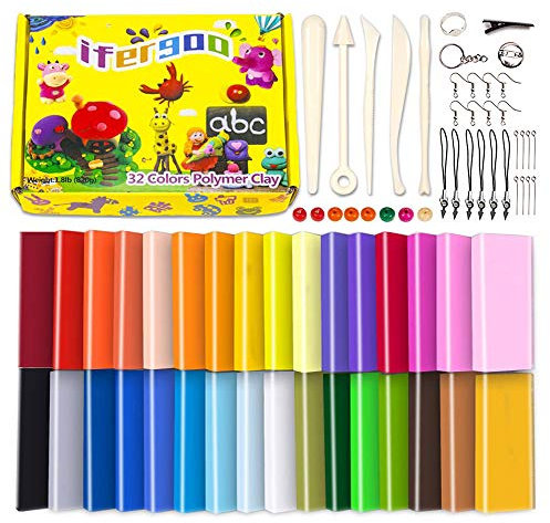 iFergoo Polymer Knete Set 32 Blöcke mit Werkzeugen - Modelliermasse für Kinder, DIY Bastelset für Jungen & Mädchen, Kreativ Set für Backen & Skulpturen, Geschenk zu Weihnachten & Geburtstag