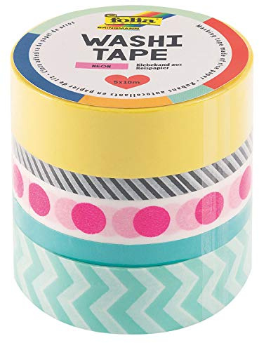 folia 26442 - Washi Tape, Neon pink, Klebeband aus Reispapier, 5er Set - ideal zum Verzieren und Dekorieren