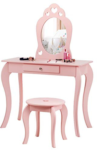 COSTWAY Coiffeuse pour Enfant avec Miroir, Inclus de Table de Maquillage et deTabouret, Dessus Amovible, Contemporain, 70 x 34 x 105 cm, Blanc (Rose)
