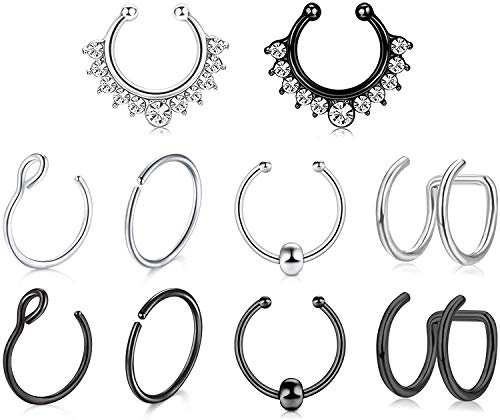 Rajnard Piercing Naso Finto Acciaio Chirurgico Piercing Naso Anelli Naso Finti 10 Pezzi Piercing Orecchio Labbro Cerchi Gioielli per Corpo per Uomini e Donne